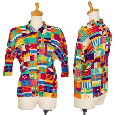 プリーツプリーズPLEATS PLEASE プリーツフラッグプリント5分袖シャツ マルチ