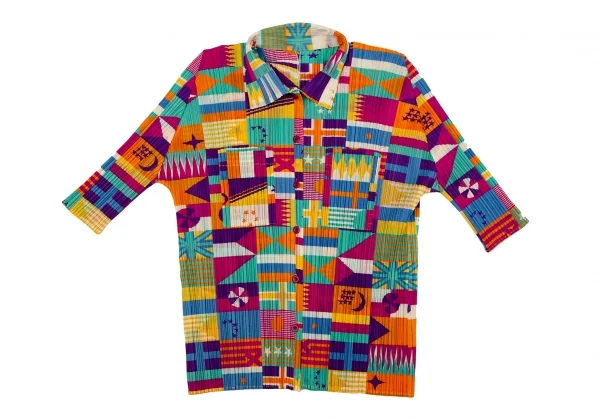 プリーツプリーズPLEATS PLEASE プリーツフラッグプリント5分袖シャツ マルチ4 K-106780_002