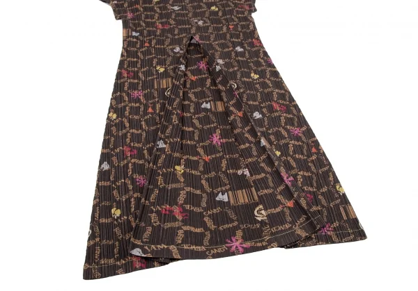 プリーツプリーズPLEATS PLEASE コットンポリプリーツ総柄半袖ワンピース 茶5 K-106788_006