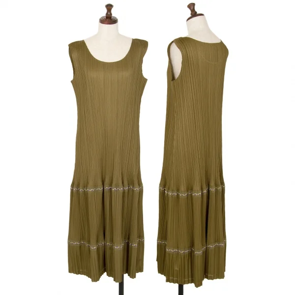 プリーツプリーズPLEATS PLEASE プリーツ裾テープ切替ノースリーブワンピース カーキ3 K-106791_001