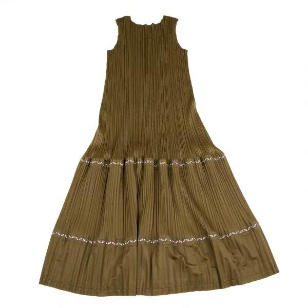 プリーツプリーズPLEATS PLEASE プリーツ裾テープ切替ノースリーブワンピース カーキ3 K-106791_011