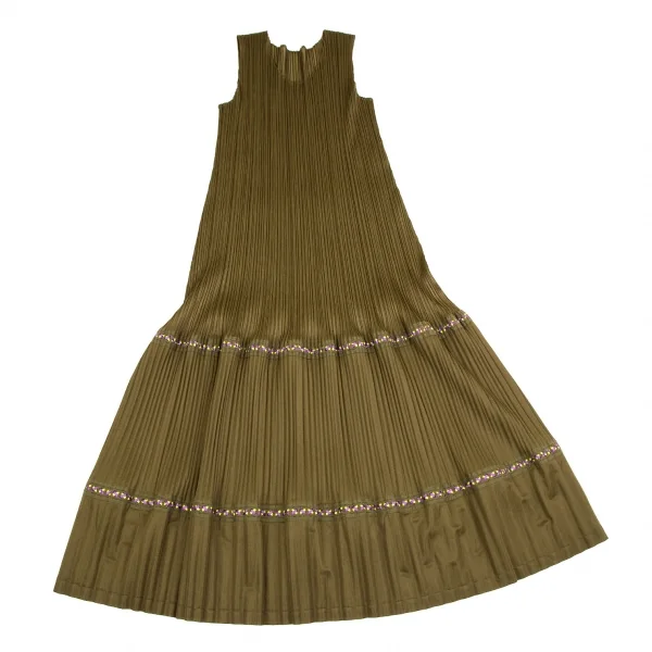 プリーツプリーズPLEATS PLEASE プリーツ裾テープ切替ノースリーブワンピース カーキ3 K-106791_002