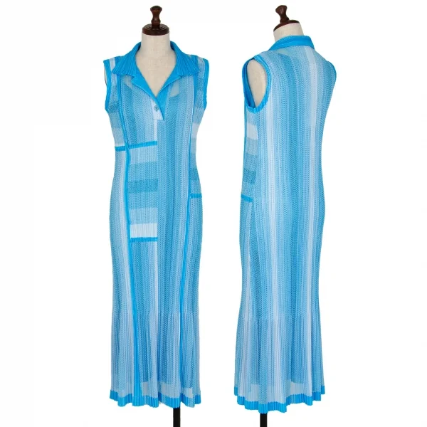 プリーツプリーズPLEATS PLEASE プリーツメッシュ切替ノースリーブシャツワンピース 水色白3 K-106792_001