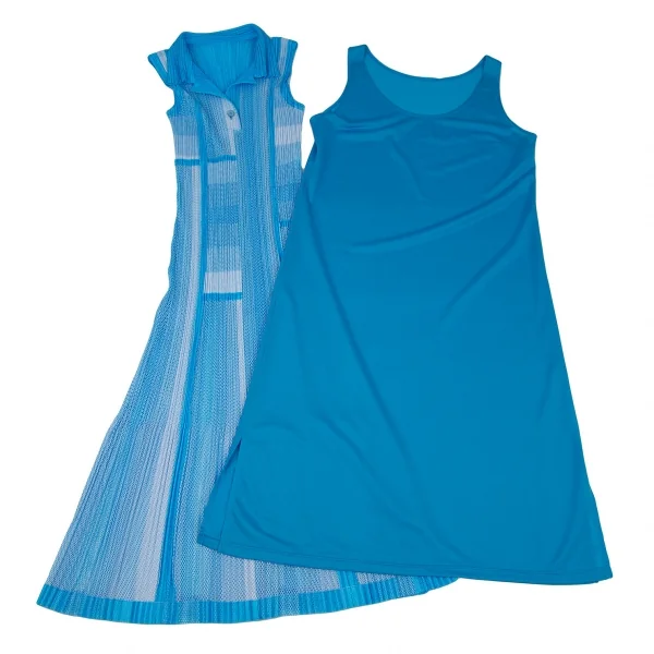 プリーツプリーズPLEATS PLEASE プリーツメッシュ切替ノースリーブシャツワンピース 水色白3 K-106792_010