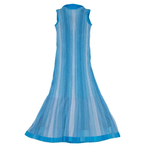 プリーツプリーズPLEATS PLEASE プリーツメッシュ切替ノースリーブシャツワンピース 水色白3 K-106792_011