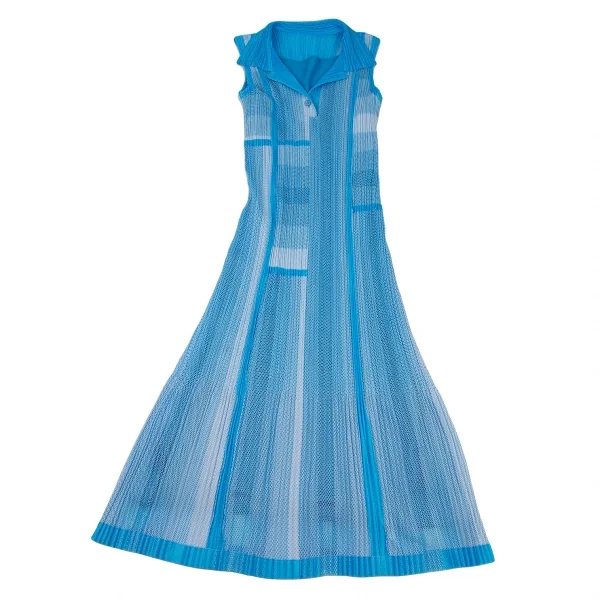 プリーツプリーズPLEATS PLEASE プリーツメッシュ切替ノースリーブシャツワンピース 水色白3 K-106792_002