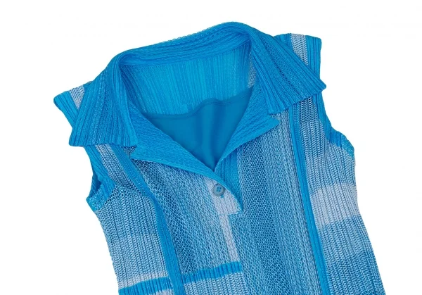 プリーツプリーズPLEATS PLEASE プリーツメッシュ切替ノースリーブシャツワンピース 水色白3 K-106792_003