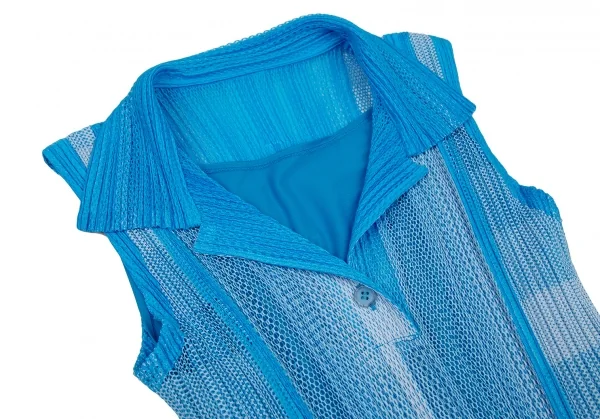 プリーツプリーズPLEATS PLEASE プリーツメッシュ切替ノースリーブシャツワンピース 水色白3 K-106792_004