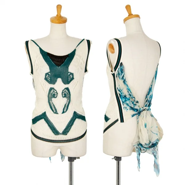 ジャンポールゴルチエ マイユファムJean Paul GAULTIER MAILLE FEMME バックプリントシフォン切替ニットベスト オフエメラルドM K-106852_001