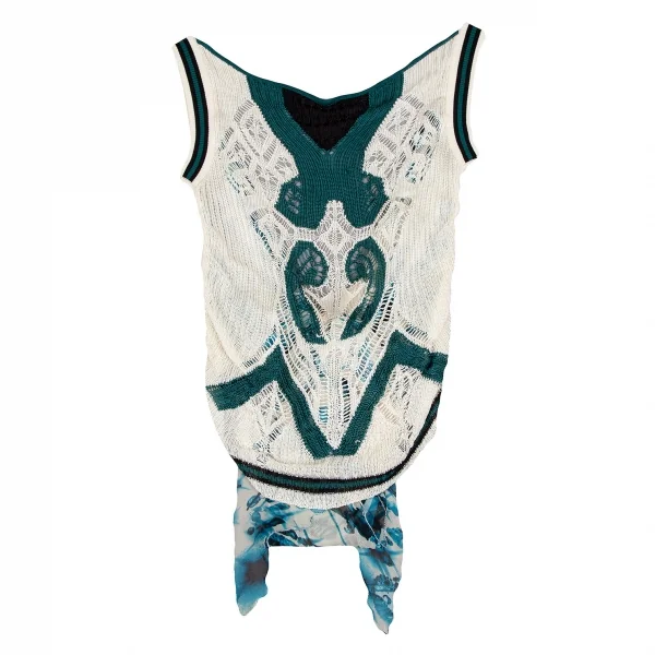 ジャンポールゴルチエ マイユファムJean Paul GAULTIER MAILLE FEMME バックプリントシフォン切替ニットベスト オフエメラルドM K-106852_002