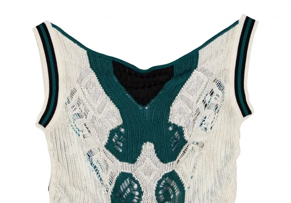 ジャンポールゴルチエ マイユファムJean Paul GAULTIER MAILLE FEMME バックプリントシフォン切替ニットベスト オフエメラルドM K-106852_003