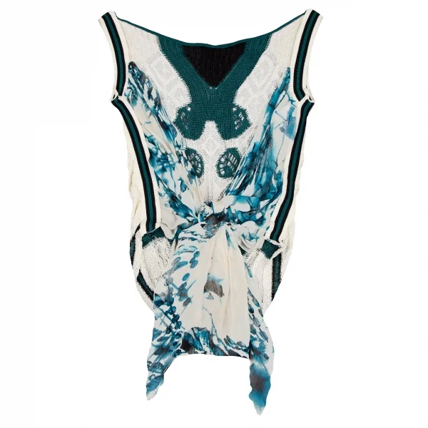 ジャンポールゴルチエ マイユファムJean Paul GAULTIER MAILLE FEMME バックプリントシフォン切替ニットベスト オフエメラルドM K-106852_008
