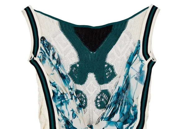 ジャンポールゴルチエ マイユファムJean Paul GAULTIER MAILLE FEMME バックプリントシフォン切替ニットベスト オフエメラルドM K-106852_009