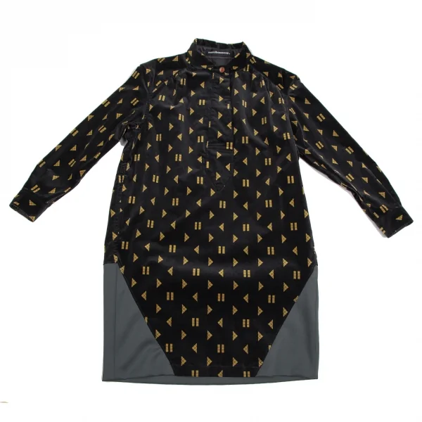 メルシーボークーmercibeaucoup シェイププリントベロア切替プルオーバーシャツワンピース 黒1 K-106864_002