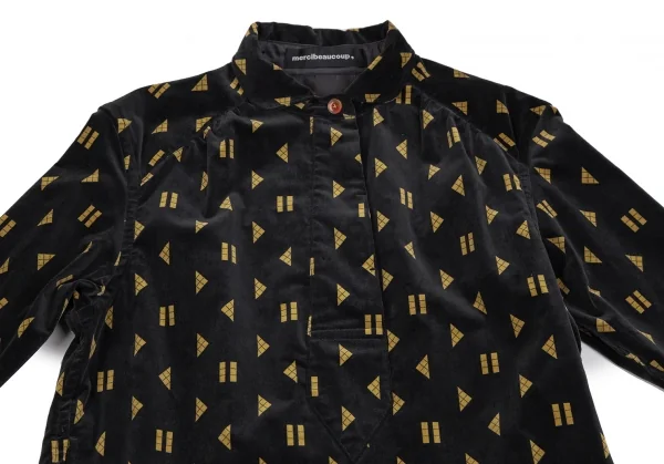 メルシーボークーmercibeaucoup シェイププリントベロア切替プルオーバーシャツワンピース 黒1 K-106864_003