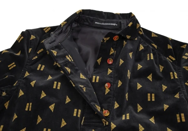 メルシーボークーmercibeaucoup シェイププリントベロア切替プルオーバーシャツワンピース 黒1 K-106864_005