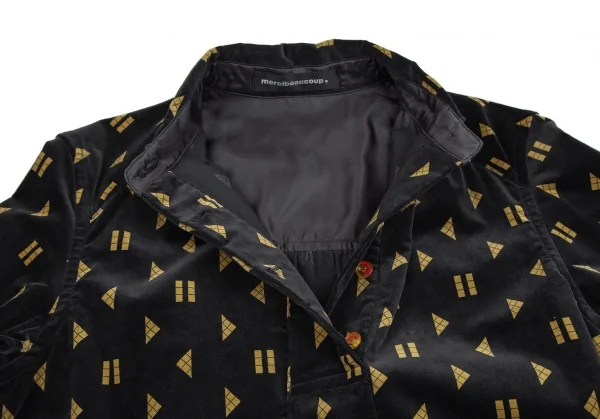 メルシーボークーmercibeaucoup シェイププリントベロア切替プルオーバーシャツワンピース 黒1 K-106864_006