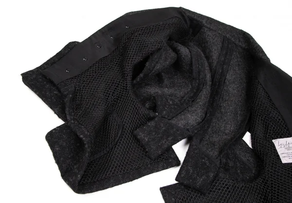 ヨウジヤマモト ファムYohji Yamamoto FEMME ウールナイロン裏ネット変形ジャケット チャコールS K-106891_011