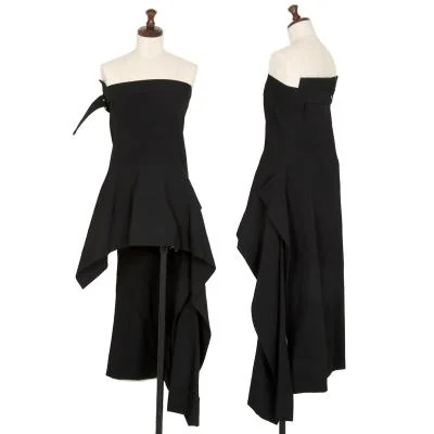 ヨウジヤマモト ファムYohji Yamamoto FEMME ウールオールドギャバベルテッドアシンメトリーワンピース 黒