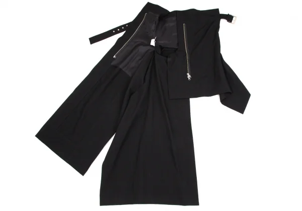 ヨウジヤマモト ファムYohji Yamamoto FEMME ウールオールドギャバベルテッドアシンメトリーワンピース 黒1 K-106895_009