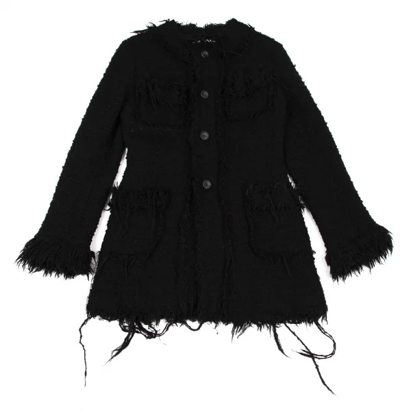 ジュンヤワタナベ コムデギャルソンJUNYA WATANABE COMME des GARCONS フリンジツイードノーカラージャケット 黒S K-106938_002