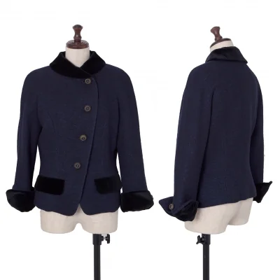 クリスチャンディオールChristian Dior ベロア切替ツイードラウンドカラージャケット 紺