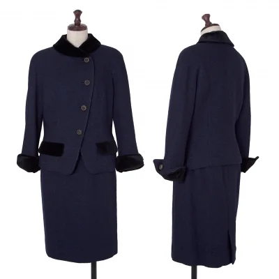 クリスチャンディオールChristian Dior ベロア切替ツイードラウンドカラーセットアップスーツ 紺