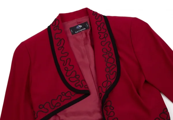 カールラガーフェルドKARL LAGERFELD レーヨン混ショール刺繍パイピングアシンメトリーボタンレスジャケット 赤9AT K-107042_003