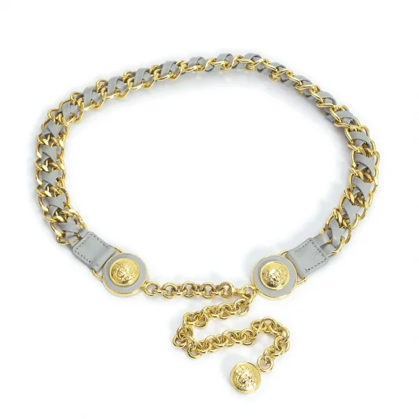 ヴェルサーチVERSACE メデューサロゴレザー編み込みチェーンベルト グレーゴールド K-107095_001