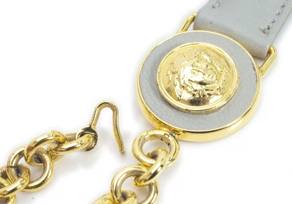 ヴェルサーチVERSACE メデューサロゴレザー編み込みチェーンベルト グレーゴールド K-107095_003