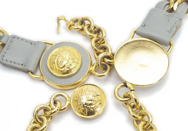 ヴェルサーチVERSACE メデューサロゴレザー編み込みチェーンベルト グレーゴールド K-107095_004