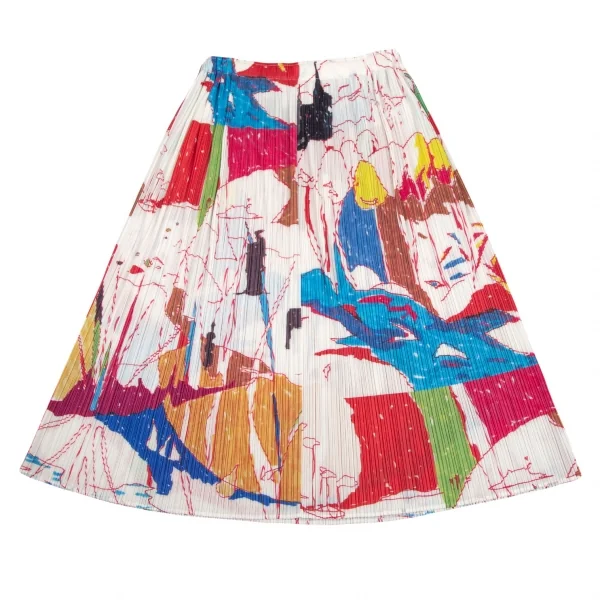 プリーツプリーズPLEATS PLEASE プリーツグラフィックプリントフレアスカート 白マルチ5 K-107150_002
