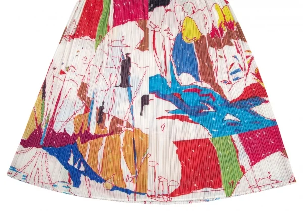 プリーツプリーズPLEATS PLEASE プリーツグラフィックプリントフレアスカート 白マルチ5 K-107150_005