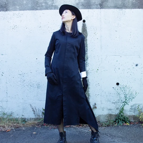 ヨウジヤマモト ファムYohji Yamamoto FEMME コットンギャバ袖切替アシンメトリーロングコート 黒3 K-107185_014