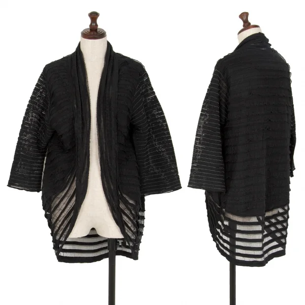 イッセイミヤケ ハートISSEY MIYAKE HaaT 後染めメッシュ切替ボタンレスショールロングカーディガン 黒2 K-107325_001