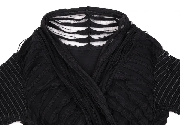 イッセイミヤケ ハートISSEY MIYAKE HaaT 後染めメッシュ切替ボタンレスショールロングカーディガン 黒2 K-107325_003