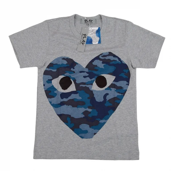 新品!プレイ コムデギャルソンPLAY COMME des GARCONS インディゴ染めカモフラハートプリントTシャツ 杢グレーS K-107347_001