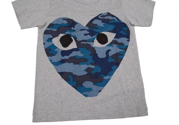 新品!プレイ コムデギャルソンPLAY COMME des GARCONS インディゴ染めカモフラハートプリントTシャツ 杢グレーS K-107347_004