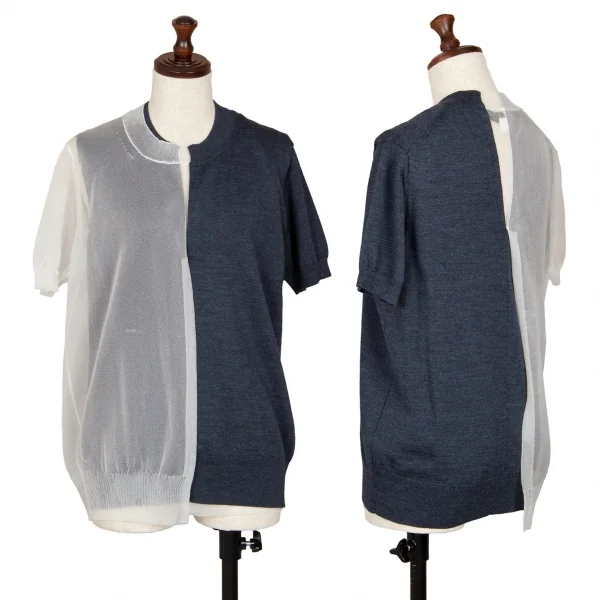 ジュンヤワタナベ コムデギャルソンJUNYA WATANABE COMME des GARCONS チュール切替レイヤード半袖ニット 紺白S K-107350_001