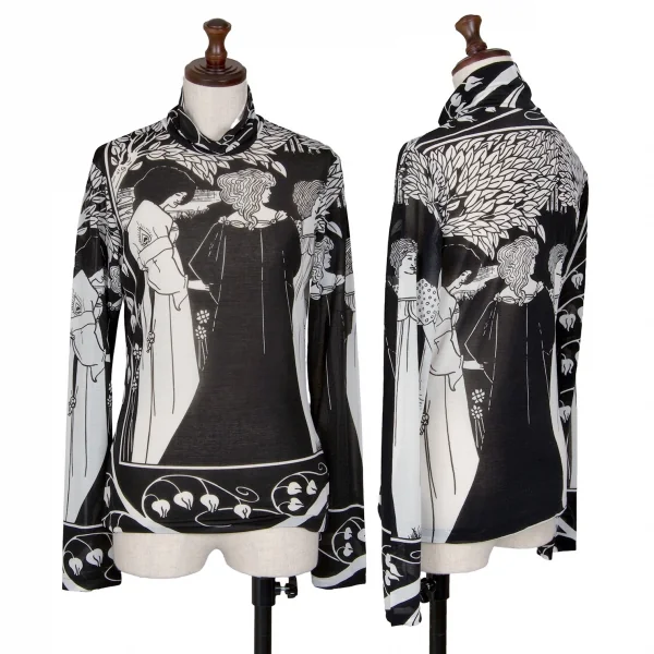 ヨウジヤマモト ファムYohji Yamamoto FEMME モノクログラフィックプリントシースルーハイネックカットソー 黒白3 K-107403_001