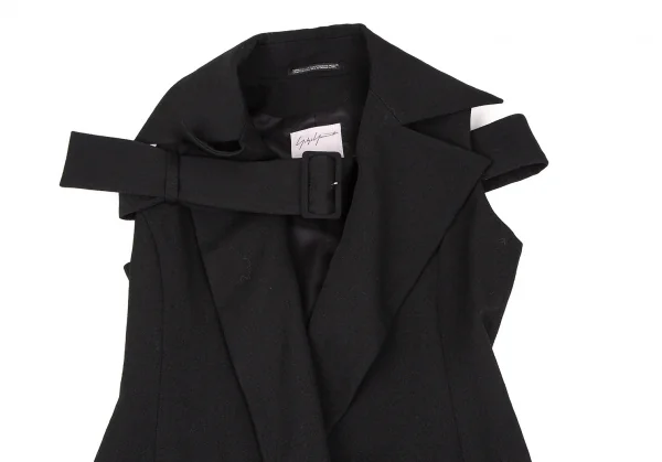 ヨウジヤマモト ファムYohji Yamamoto FEMME オールドギャバショルダーベルテッドノースリーブロングジャケット 黒1 K-107405_003