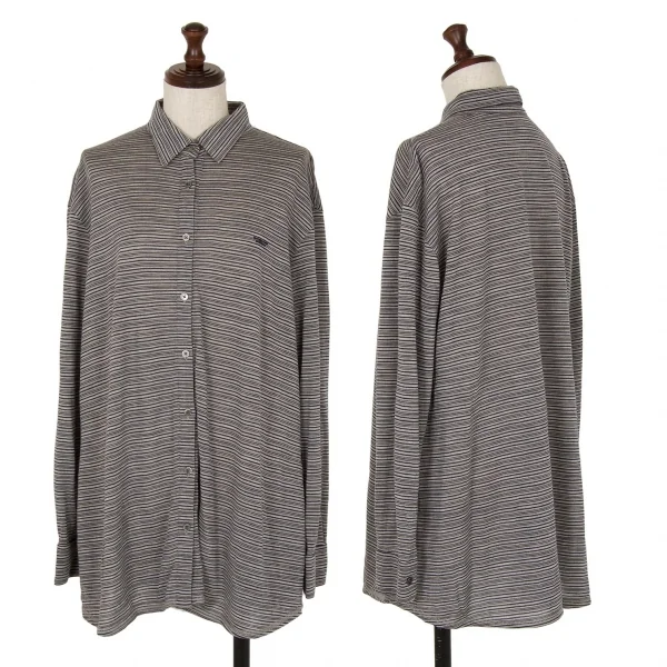 マドモアゼルノンノンMademoiselle NON NON ウールロゴワンポイントマルチボーダーシャツ グレー紺40L K-107461_001
