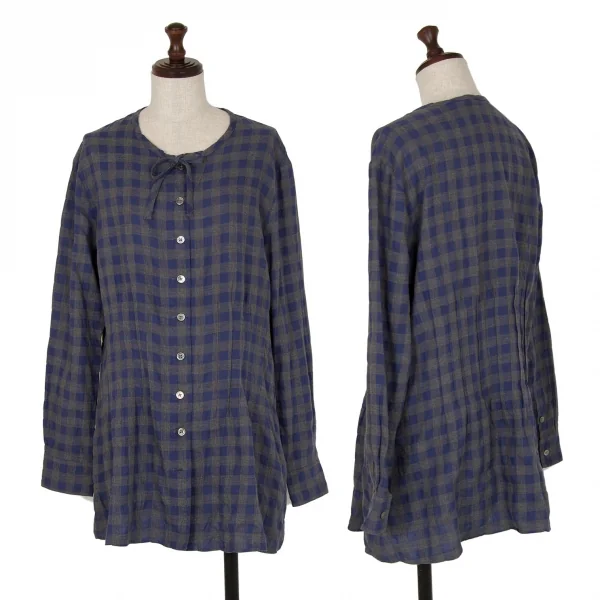 マドモアゼルノンノンMademoiselle NON NON コットンブロックチェックリボンデザインギャザーシャツ グレー青40L K-107465_001