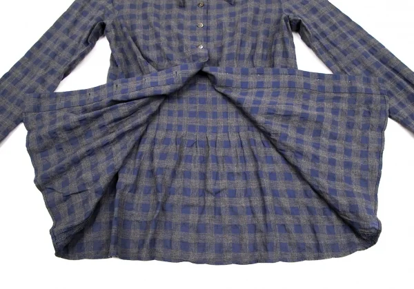 マドモアゼルノンノンMademoiselle NON NON コットンブロックチェックリボンデザインギャザーシャツ グレー青40L K-107465_010
