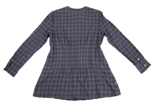 マドモアゼルノンノンMademoiselle NON NON コットンブロックチェックリボンデザインギャザーシャツ グレー青40L K-107465_011