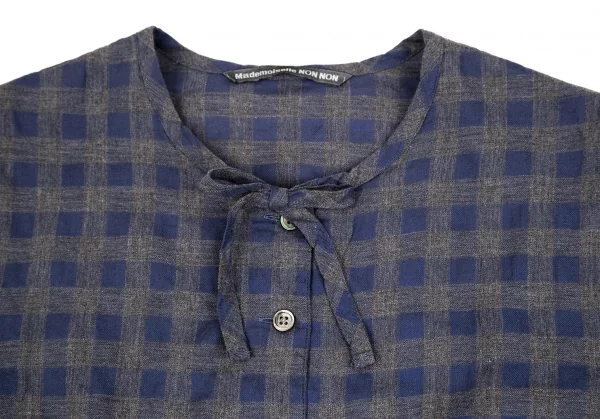 マドモアゼルノンノンMademoiselle NON NON コットンブロックチェックリボンデザインギャザーシャツ グレー青40L K-107465_003