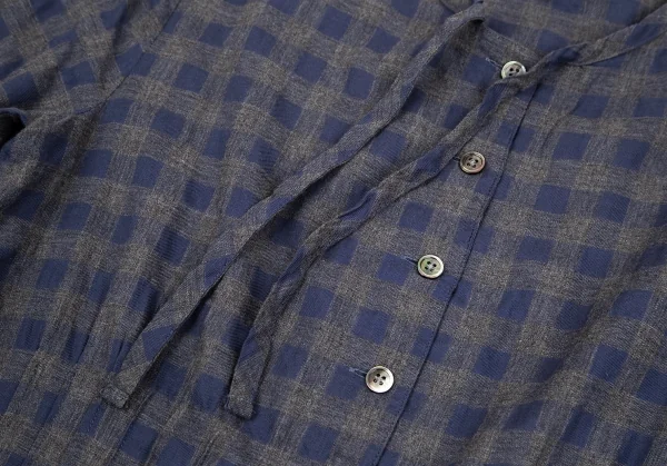 マドモアゼルノンノンMademoiselle NON NON コットンブロックチェックリボンデザインギャザーシャツ グレー青40L K-107465_005