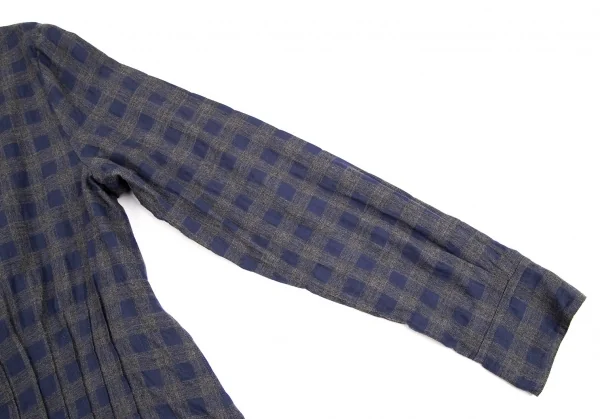 マドモアゼルノンノンMademoiselle NON NON コットンブロックチェックリボンデザインギャザーシャツ グレー青40L K-107465_006