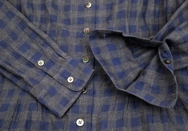マドモアゼルノンノンMademoiselle NON NON コットンブロックチェックリボンデザインギャザーシャツ グレー青40L K-107465_007