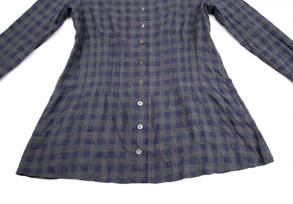 マドモアゼルノンノンMademoiselle NON NON コットンブロックチェックリボンデザインギャザーシャツ グレー青40L K-107465_008